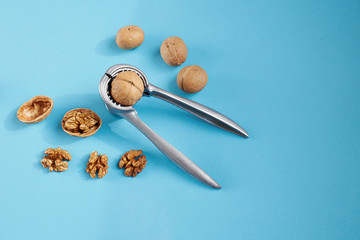 Walnut kernels and nutcracker on a blue background.