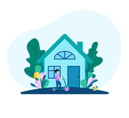 Blue house with trees and crocuses. Flowers, spring. A boy on a ride riding a scooter. Modern flat design. Vector