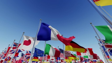 Flags of countries around the world. World national waving flags. Official country signs with names, countries flag banners. International travel symbols, geography or language lesson flags emblem.