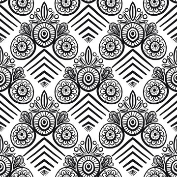 Hand drawn seamless vector bohemian pattern in black and white
