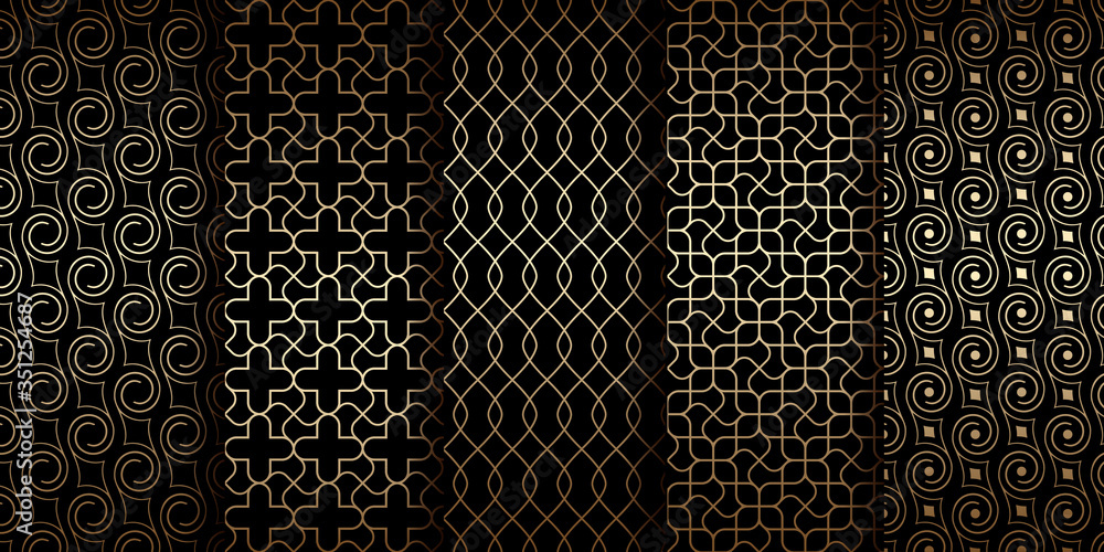 Poster golden oriental seamless patterns with swirls and curved lines, collection