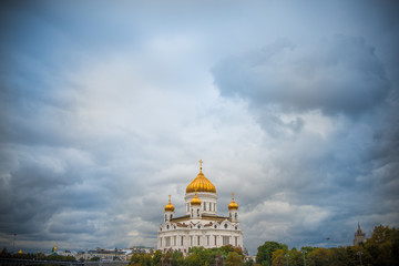 Catherdal of Christ the Savior Moscow with a moody cloudy sky
