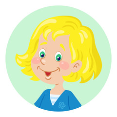 Portrait of a funny little girl with blond hair. Avatar icon in the circle. In cartoon style. Isolated on white background. Vector  flat illustration.