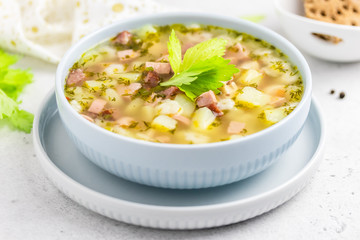 Pasta kielbasa sausage soup. Selective focus, copy space.