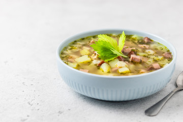 Italian sausage soup. Selective focus, copy space.