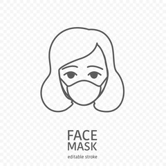 Woman wearing facial protective mask. Editable icon. Premium design.