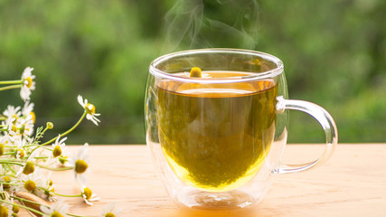 Chamomile flowers and chamomile tea. Herbal chamomile tea. Close-up.