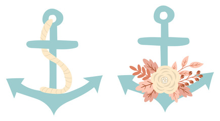 Blue marine anchors with rope and flowers, vector illustrations