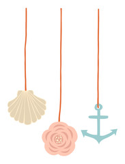 Summer beach decoration with seashell, flower and anchor