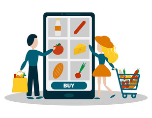 
Online shopping concept. Happy woman and man shopping on her phone. Food cart and food package. Buy food online. Vector illustration.