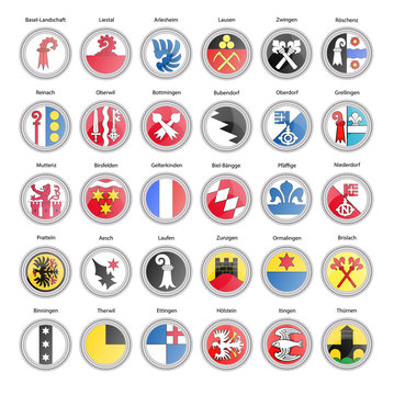 Set of vector icons. Municipalities of Basel-Landschaft canton flags, Switzerland.
