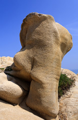 Rock figure on Karidi beach near the village of Vourvourou in Sithonia, on the Halkidiki peninsula in northern Greece.