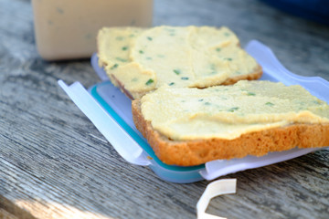 Snack sandwiches in the open air after a walk in nature