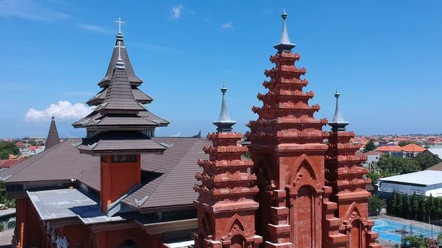 flying on a drone above the roof of the Cathedral Catholic Church Parish of the Holy Spirit Cathedral Denpasar Bali