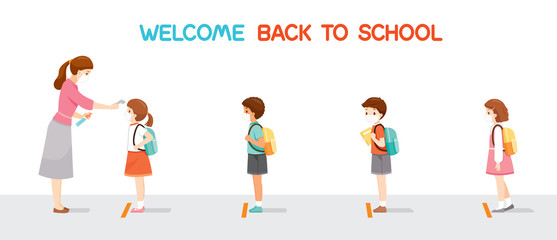 Fototapeta premium Welcome Back To School, Children Wearing Surgical Mask In A Row, Teacher Measuring The Body Temperature Of Student Before Entering School, Educational, Instruction, Sanitary, Healthcare, Safety