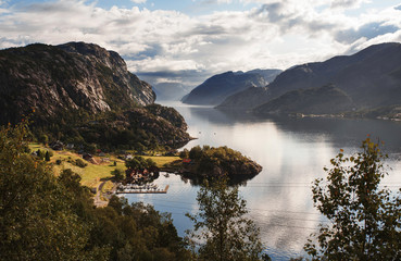 village on lysefjord shore