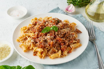 Pasta Bolognese campanelle with mincemeat and tomato sauce