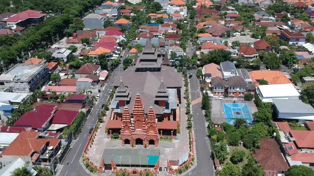 drone flying from Cathedral Catholic Church Parish of the Holy Spirit Cathedral Denpasar Bali