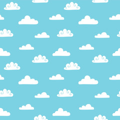 White, airy, curly clouds on a blue sky. Geometric seamless pattern in scandinavian style, vector. 