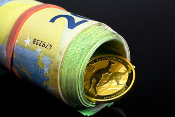 Australian Kangaroo - gold coins in a roll of Euro money.
