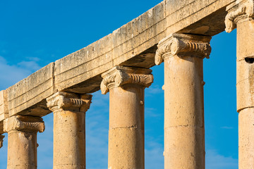 Close-up of columns and capitals at Oval Plaza (Forum), Jerash, Jordan - 351262453