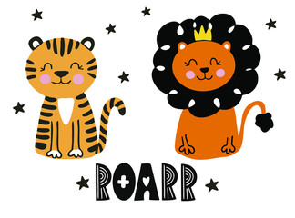 Animals lion and tiger cartoon, isolated vector on a white background with stars and the inscription, in the Scandinavian style.