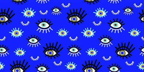 Angry Seeing Eye Symbol Eyelash Mascot, geometric seamless pattern on classic blue background, vector.