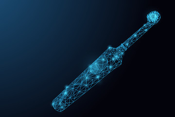 Futuristic glowing low polygonal electric toothbrush made of stars, lines, dots, triangles isolated on dark blue background. Dental and hygiene concept.
