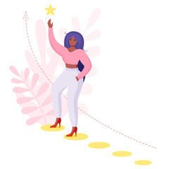 Successful African American Business Woman on Top. Leadership, Achievement and Confidence Concept. Dark Skinned Female Character Reaching for Star. Girl Power Flat Isolated Vector Illustration 