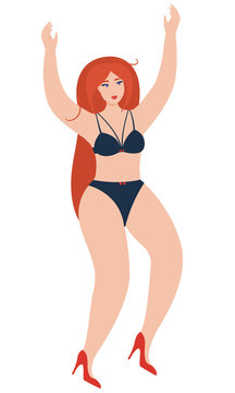 Plus Size Woman in Lingerie. Chubby Beautiful Happy Girl Jumping Isolated on White Background. Red Haired Attractive Female Character in Bra, Panties and High Heels. Body Positive Concept