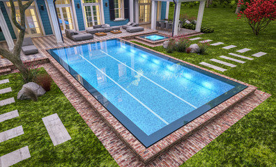 3d rendering of modern cozy classic house in colonial style with garage and pool for sale or rent with beautiful landscaping on background. Clear summer evening with cozy light from window