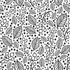 Leaves and berries with polka dots. Vector repeat. Great for home decor, wrapping, scrapbooking, wallpaper, gift, kids, apparel. 
