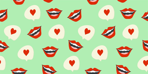 Red mouth with teeth, smile and speech bubble with a heart. geometric seamless pattern on a blue background, vector.