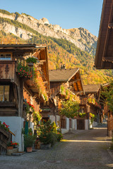streetview with wooden houses in the village of Brienz Switserland 