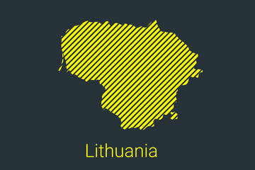 Map of Lithuania, striped map in a black strip on a yellow background for coronavirus infographics and quarantine area markers and restrictions. vector