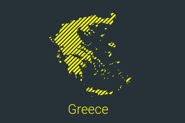 Map of Greece, striped map in a black strip on a yellow background for coronavirus infographics and quarantine area markers and restrictions. vector