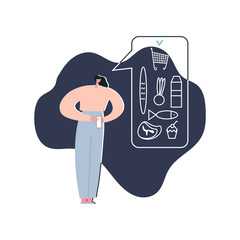 A woman makes an online order via phone for food delivery. Online shopping concept. Vector flat illustration