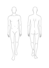 Sketch of the human body. Front and back view. Put your hands along the length of the body, legs in motion. Pattern of the human body for drawing clothes. You can print and draw directly on sketches.