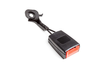 A plastic case with a metal holder for a car seat belt lock with three fastening points in black...