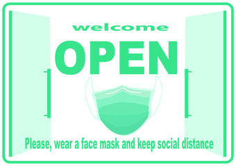 welcome now open keep social distance and use face mask. Vector