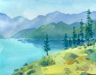 Landscape with mountains and lake. Nature background. Hand painted in watercolor. - 351266411