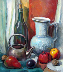 Still life with a blue jug, oil painting