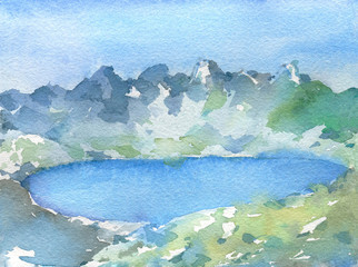 Landscape with mountains and lake. Nature background. Hand painted in watercolor. - 351266454