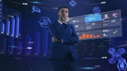 Augmented Virtual Reality Concept: Businessman in 3D World Surrounded by e-Business, e-Commerce, Stock Market, Infographics, Finance, Analysis, Charts, Graphs Icons. 360 Degree Tracking Arc Shot - Powered by Adobe