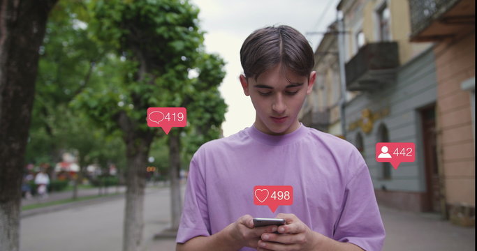 Young Man Vlogger Influencer. Animation with User Interface - Likes, Followers, Comments for Social Media from Smartphone. Response. Successful Emotion.