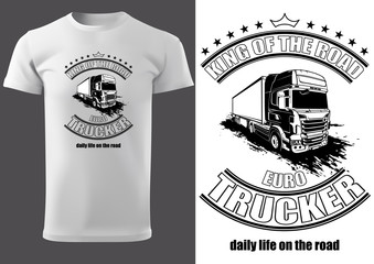 White T-shirt Print Design with Truck and Inscriptions - Black and White Illustration, Vector
