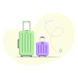 Set of plastic travel suitcases and paper plane with pallet path, vector illustration.