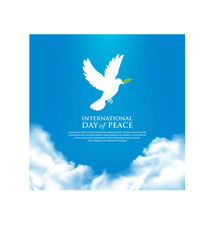 International Day of Peace background with  blue sky, pigeon and cloud. Peace day template