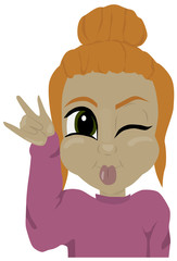 Cartoon of a ginger girl showing her tongue and winking