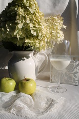 Still-life. Hydrangea. Milk. Lace. Apples. Decanter.